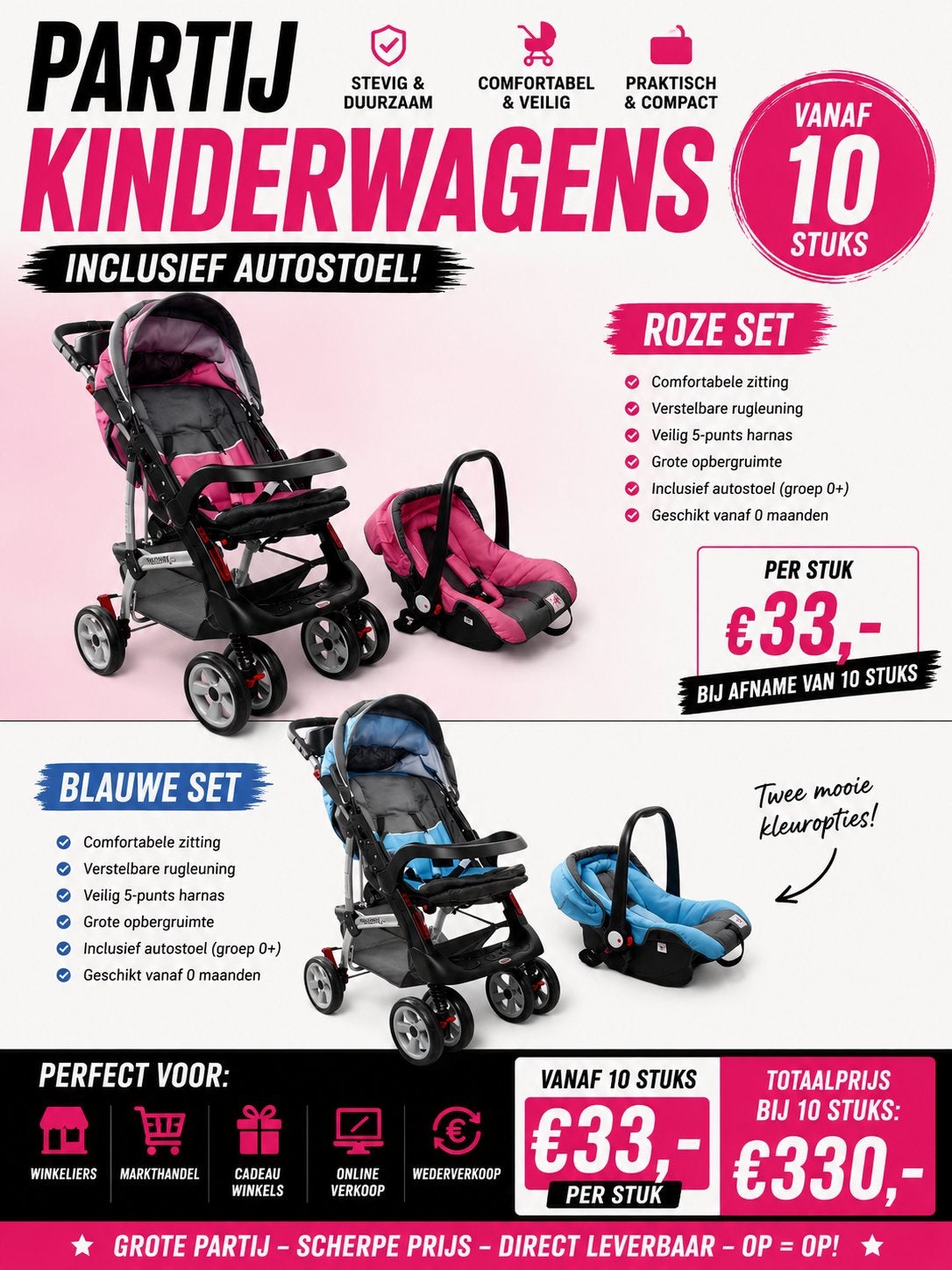 Partij Kinderwagens inclusief autostoel - Roze & Blauw, Kinderen en Baby's, Kinderwagens en Combinaties, Nieuw, Met autostoeltje