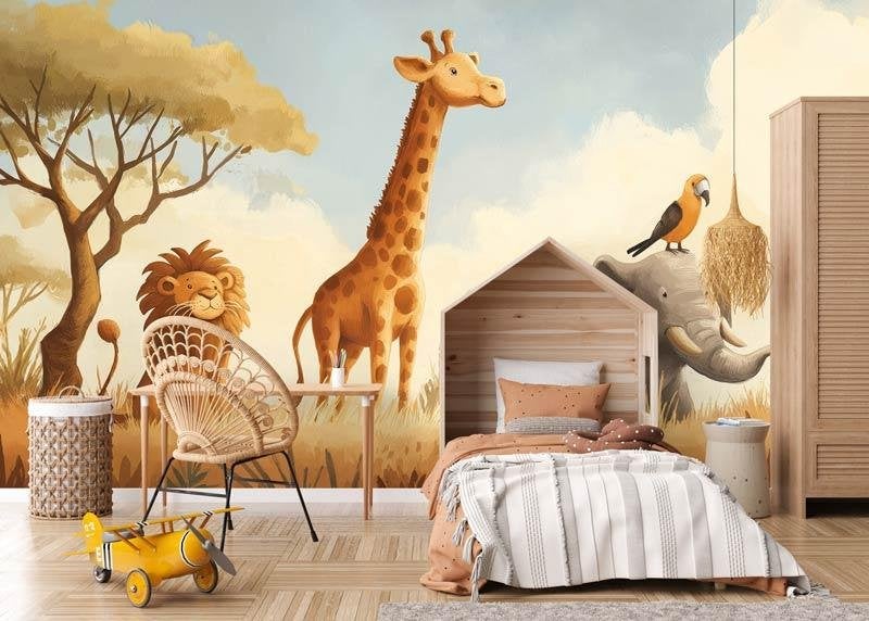 Fotobehang Behang Kinderkamer - Safari Dieren in de Savanne, Geel, Info@fotobehangkoning.nl, Fotobehang, Overige stijlen