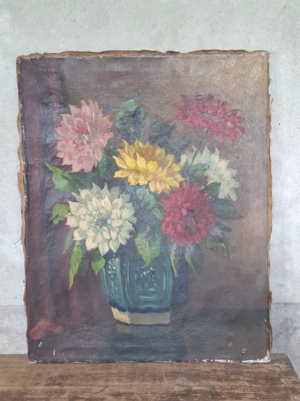 Oud antiek sleets schilderij gemberpot dahlia's bloemen, Ophalen of Verzenden
