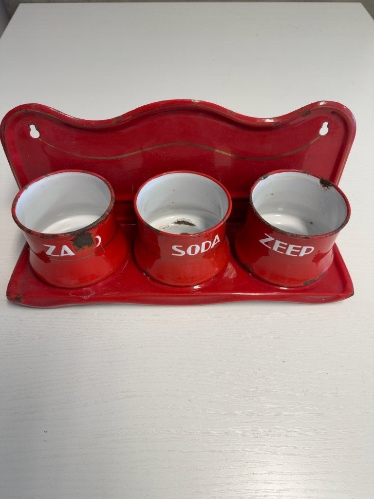 Vintage emaille wandrek Zand Soda Zeep – rood – compleet, Antiek en Kunst, Antiek | Emaille, Ophalen of Verzenden