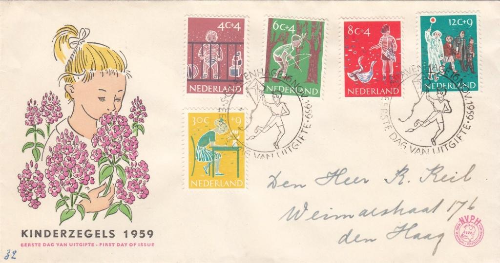 Nederland FDC E 41 Kinderzegels 1959 met geschreven adres, Ophalen of Verzenden, Beschreven, Nederland