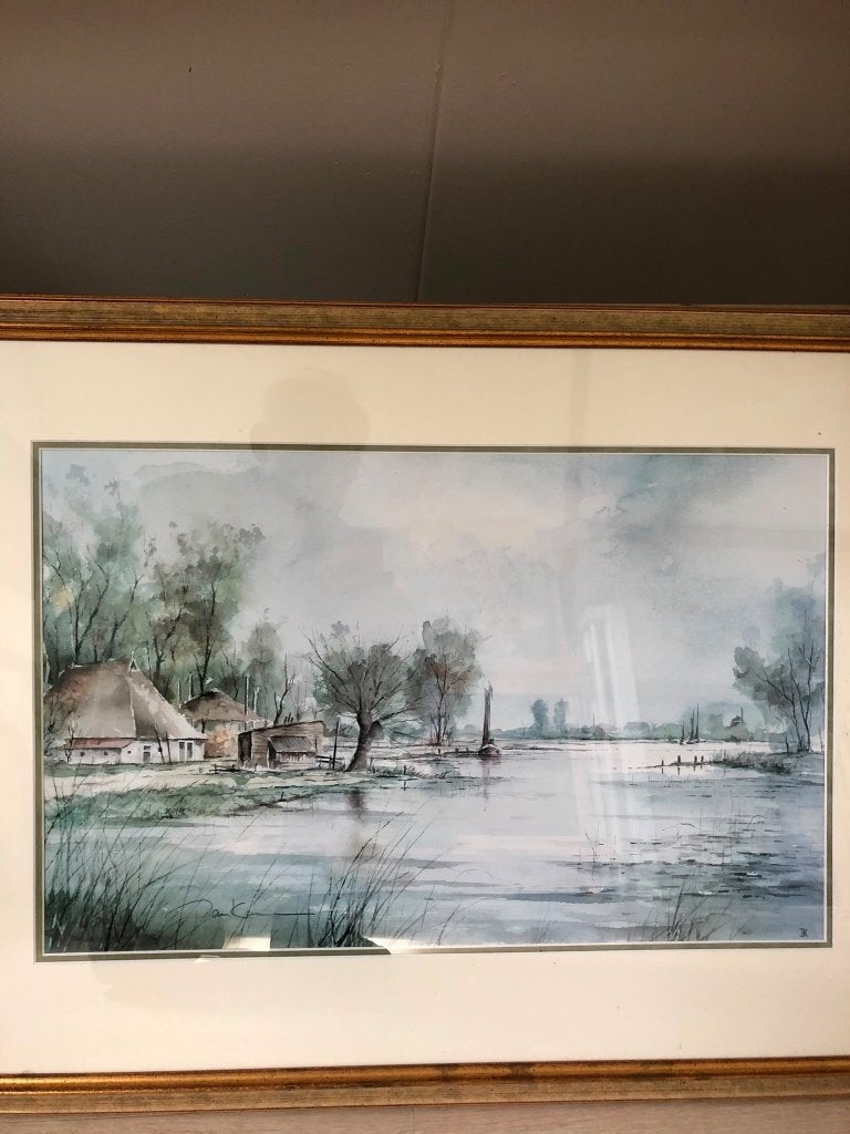 Aquarel van Jan Kooistra (glicee) ingelijst, Antiek en Kunst, Realistisch, Landschap, Aquarel, Papier