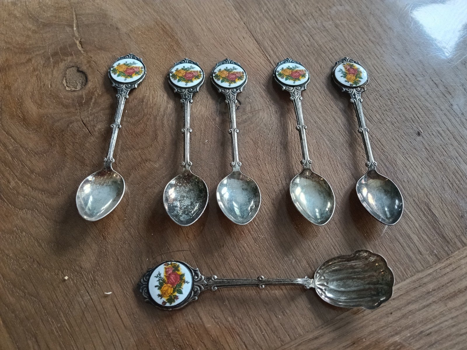 Set van 6 Antieke Zilveren Lepeltjes met Bloemen Emaille, Ophalen of Verzenden