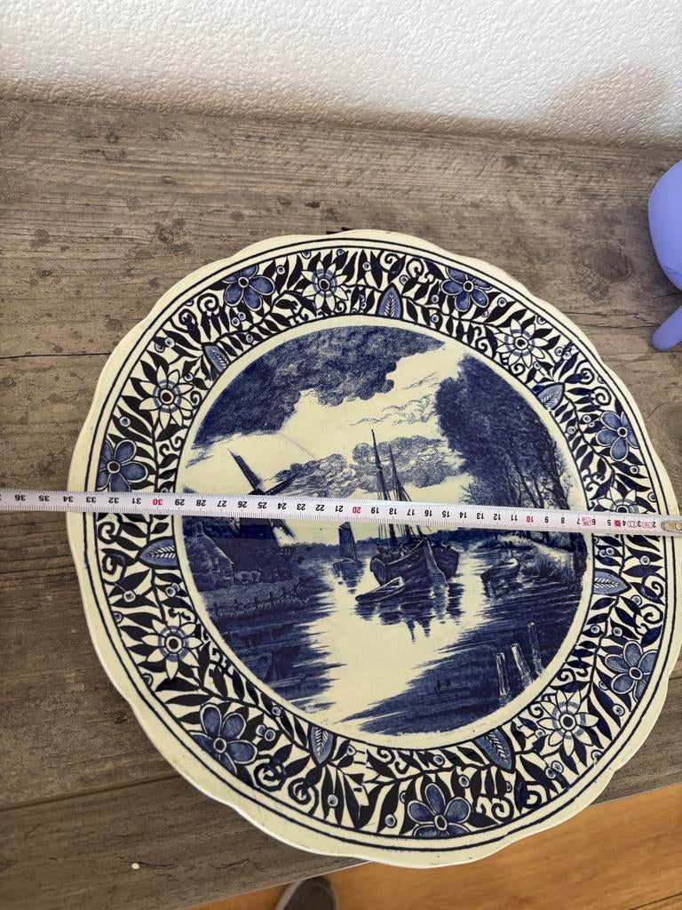 Delfts Blauw Wandbord - Hollands Landschap met Molen, Antiek en Kunst, Ophalen