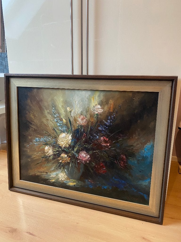 Bloemen stilleven G.J. Ernens, Antiek en Kunst, Bloemen, Doek, Impressionistisch, Ophalen of Verzenden