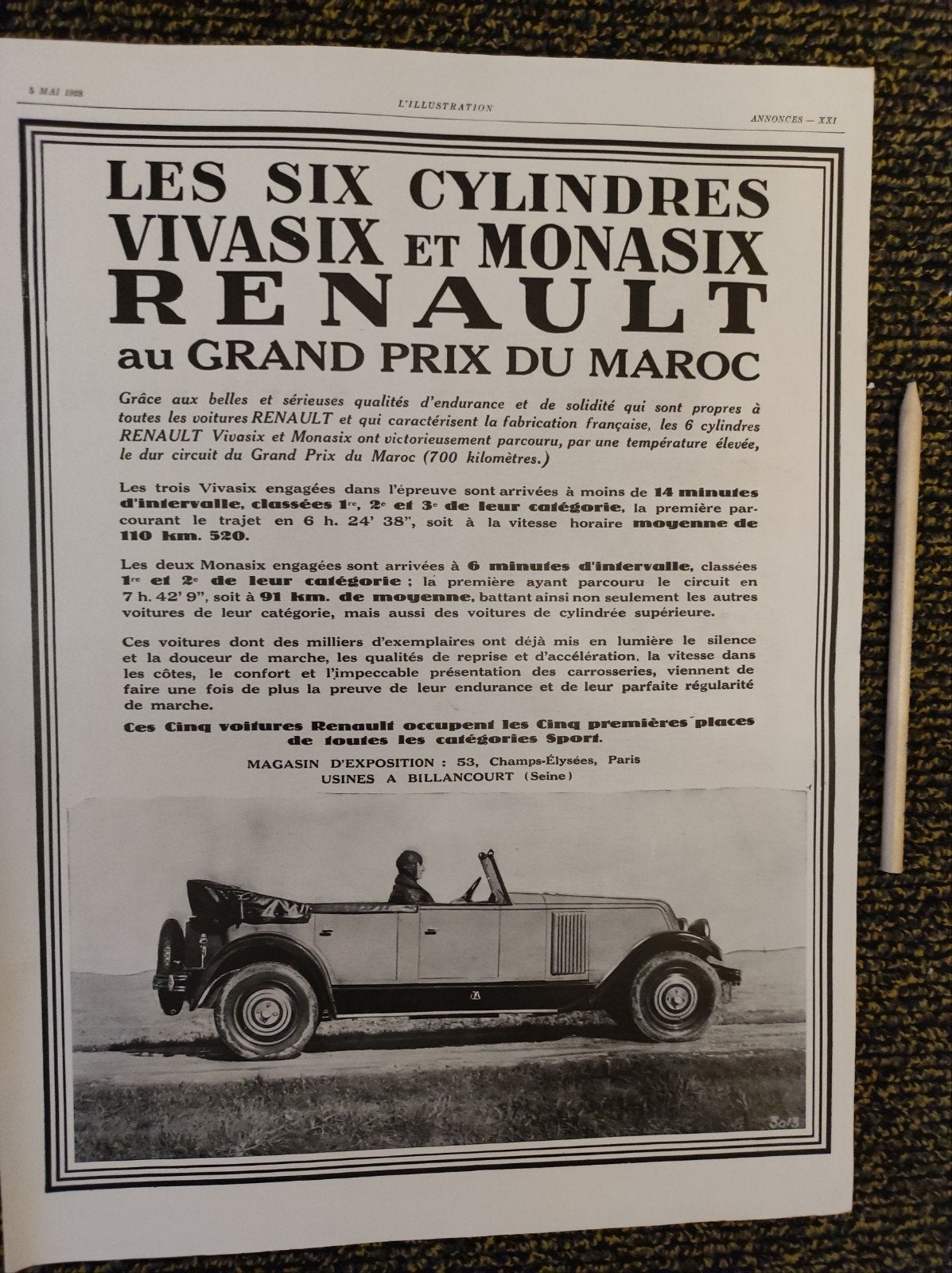 Renault advertentie uit 1928, Ophalen of Verzenden, Gebruikt, Auto's