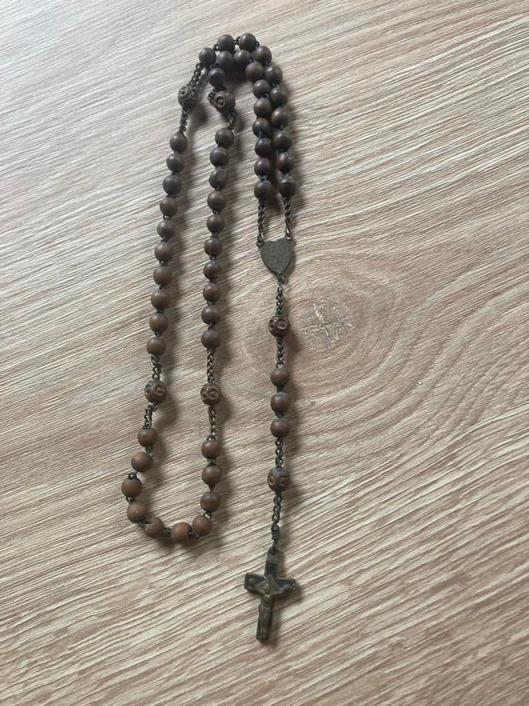 Antieke Houten Rozenkrans met Metalen Kruisje, Ophalen of Verzenden