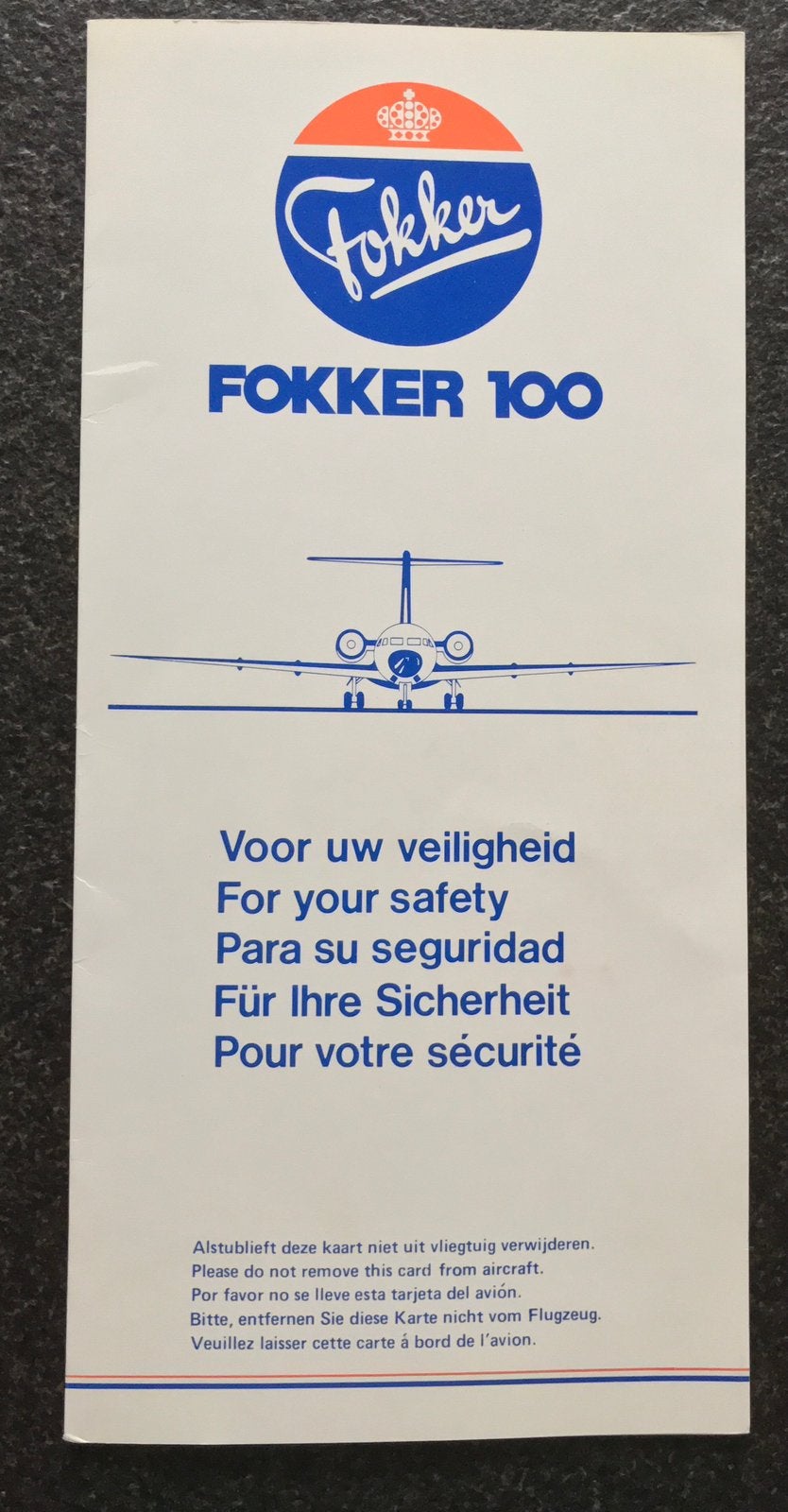 Fokker Aircraft flight safety card F100, Ophalen of Verzenden, Nieuw, Kaart, Foto of Prent
