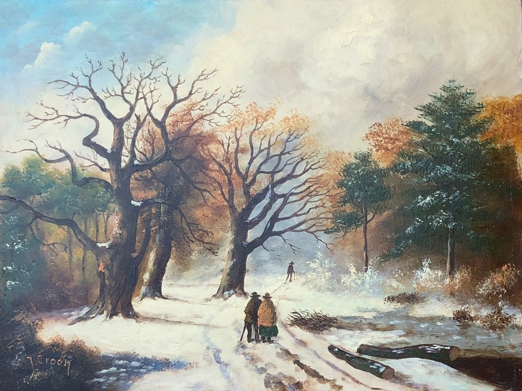 J. Croon Schilderij 'Wintergezicht in woud met wandelaars', Ophalen of Verzenden