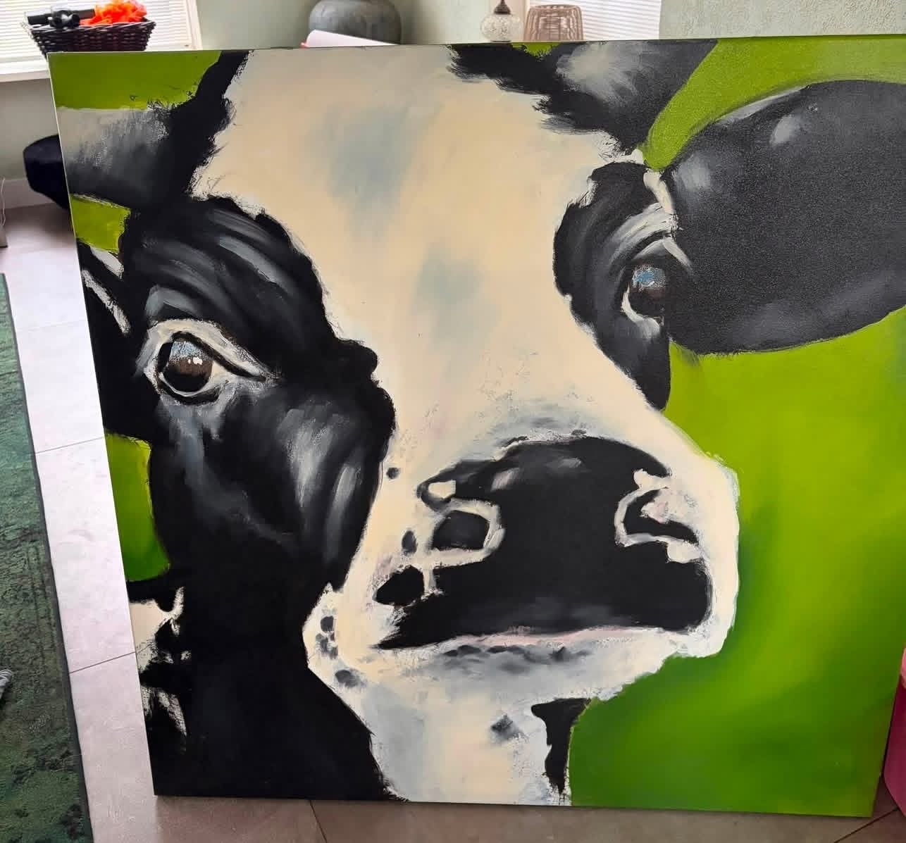 Groot schilderij 1.00x 1.00 van een koe op groen canvas, Ophalen, Textiel, Acrylverf, Dieren