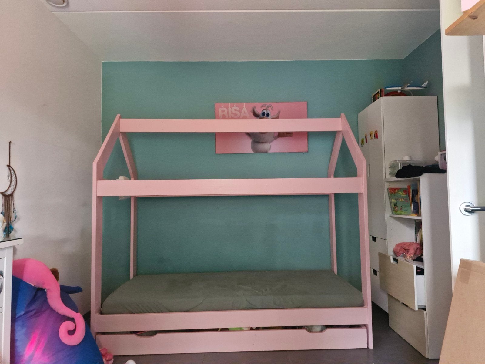Roze huisjesbed met lades, Ophalen, Eenpersoons, 210 cm, Overige typen
