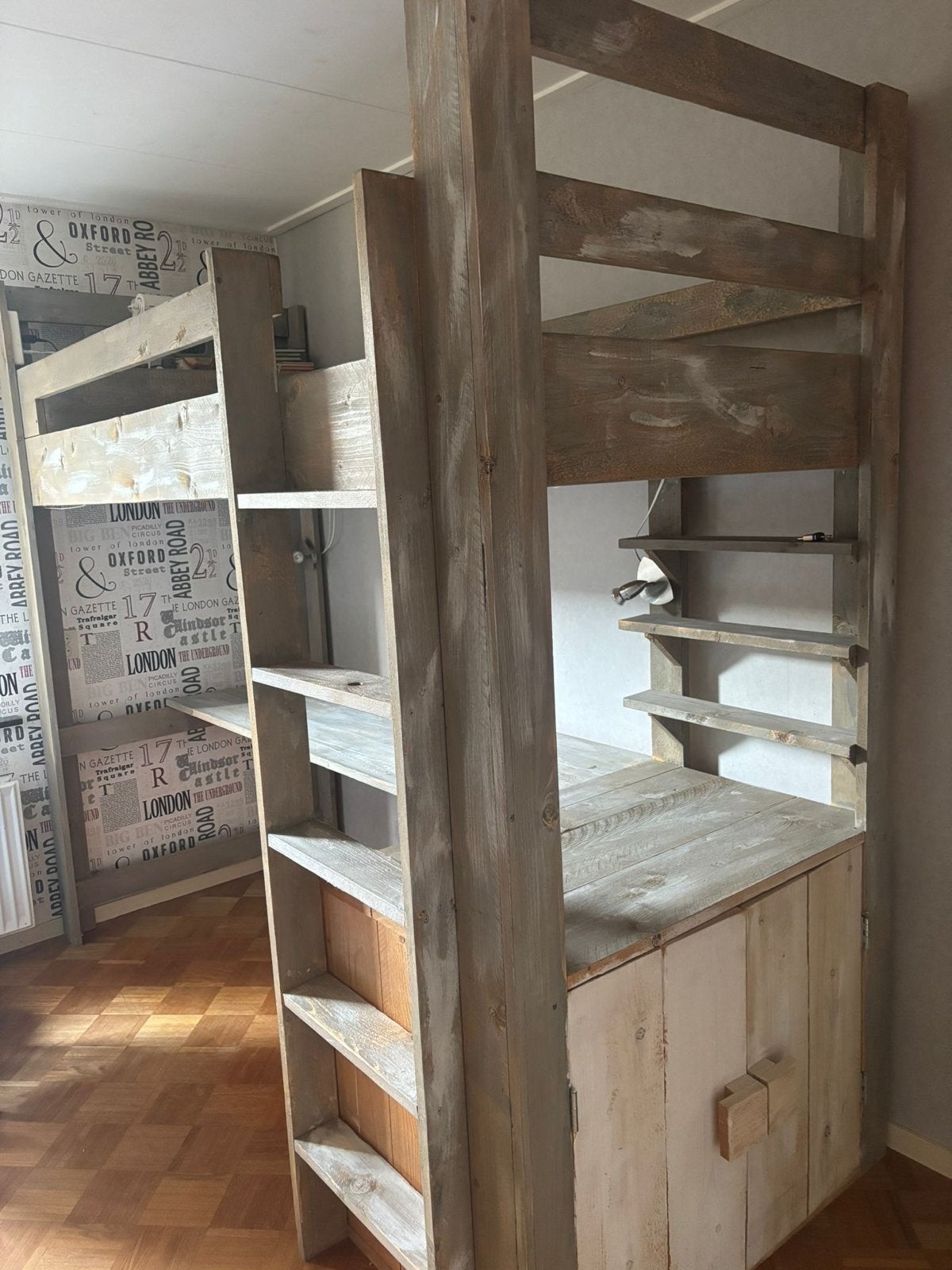 Steigerhouten hoogslaper met bureau en opbergruimte /kast, Ophalen, Gebruikt, Steigerhout, 120 cm