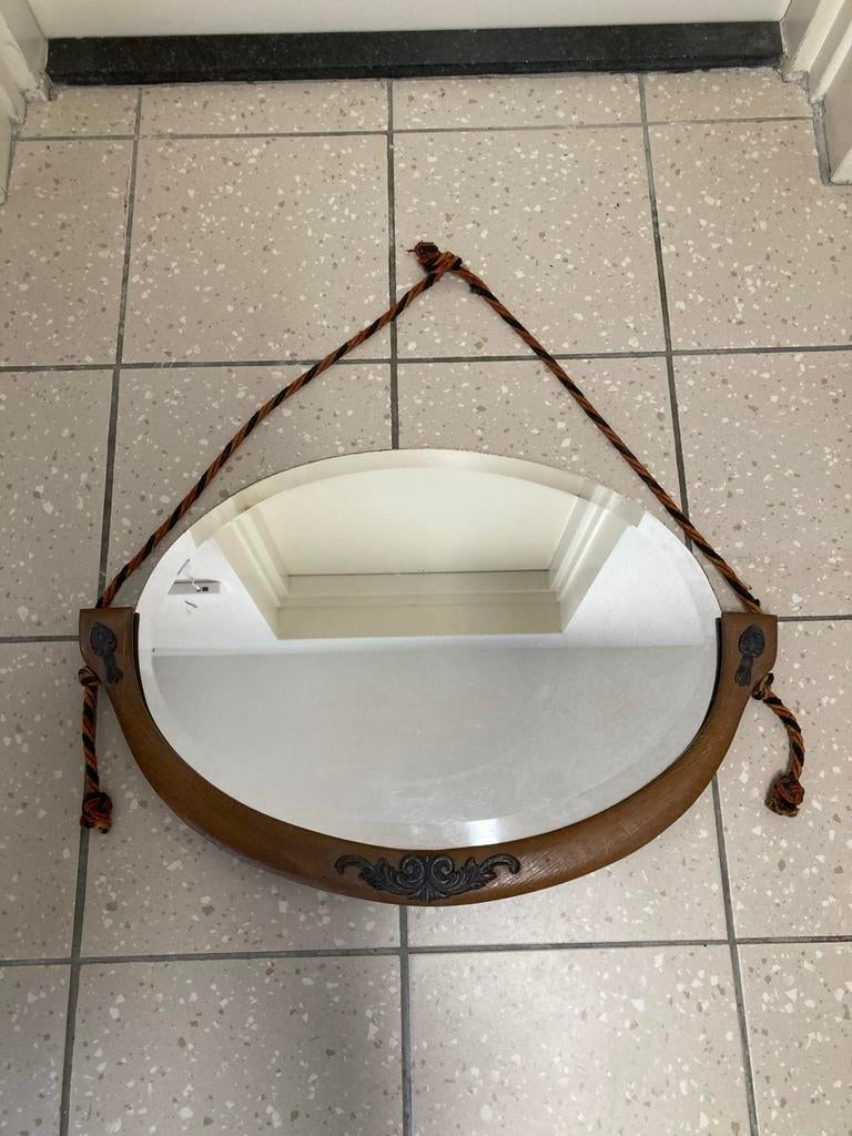 Vintage Ovaal Spiegel met Houten Frame en Touwophanging, Antiek en Kunst, Ophalen, Ovaal, 50 tot 100 cm, Minder dan 100 cm
