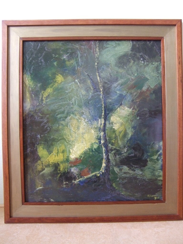 schilderij van kunstschilder P.J. Lucas, gedateerd 1965, Antiek en Kunst, Ophalen, Paneel, Bijzondere lijst, Landschap