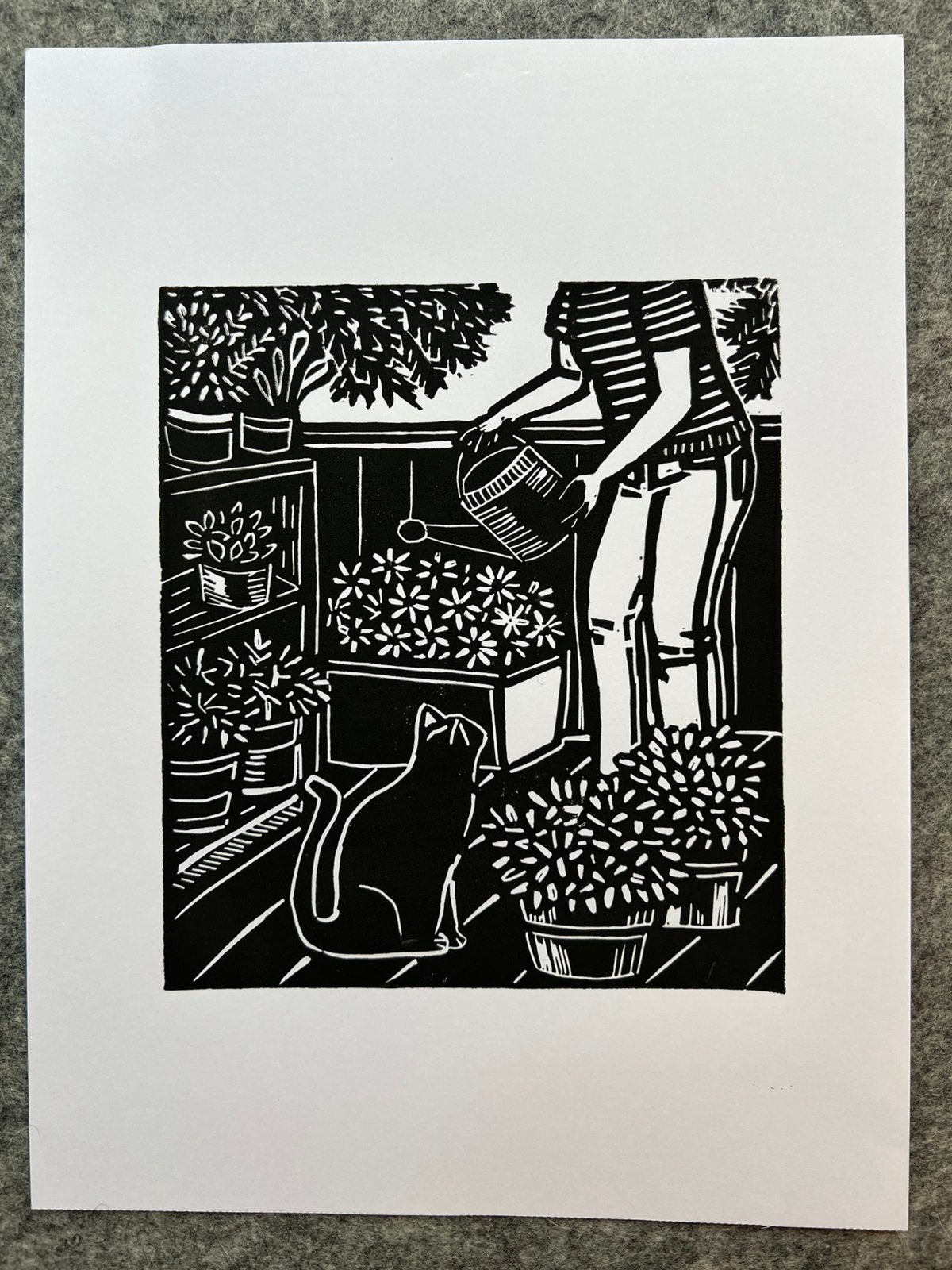 Linosnede handgemaakt “samen tuinieren”, 2000 tot heden, 28 cm, Dagelijks leven, Verzenden
