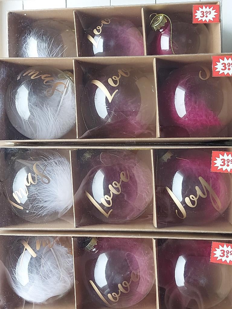 Glazen Kerstballen met veer/opdruk Xmas-Love-Joy, Diversen, Kerst, Ophalen, Nieuw