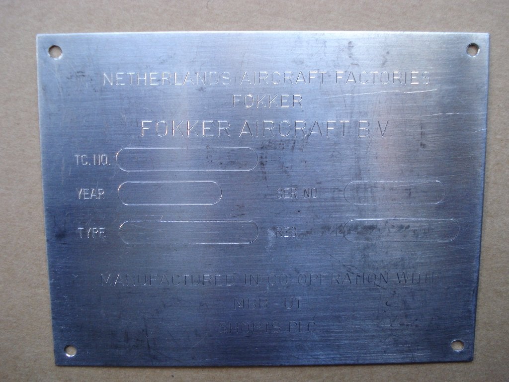 Fokker vliegtuig fabrieksplaat machineplaat verzenden, Ophalen, Zo goed als nieuw, Overige typen