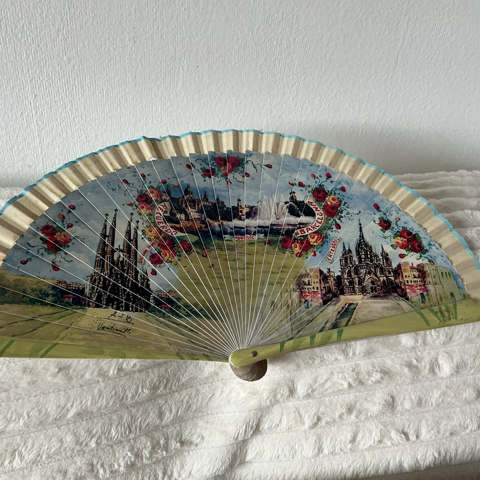 Vintage Spaanse handwaaier met Barcelona stadsgezicht, Ophalen of Verzenden