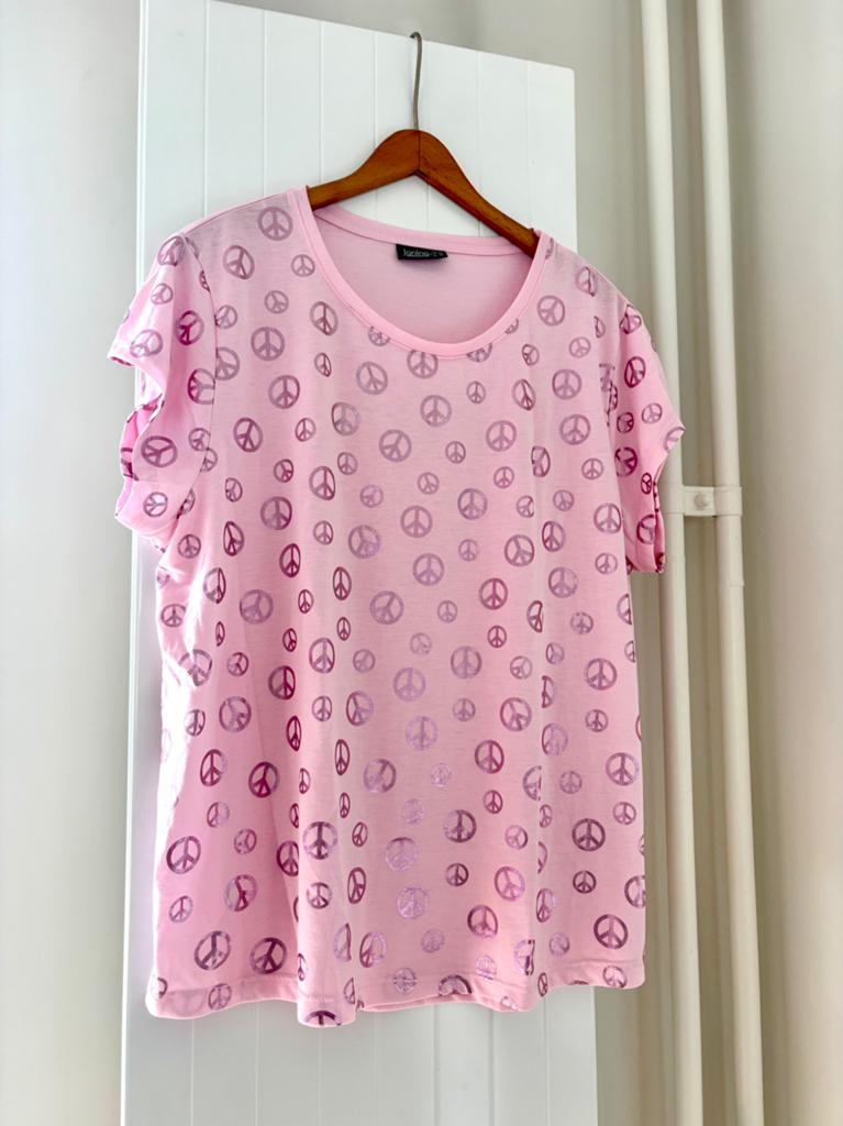 Janina pastel roze peace print T-shirt maat XL 46 plus size, Kleding | Dames, Grote Maten, Ophalen of Verzenden, Zo goed als nieuw