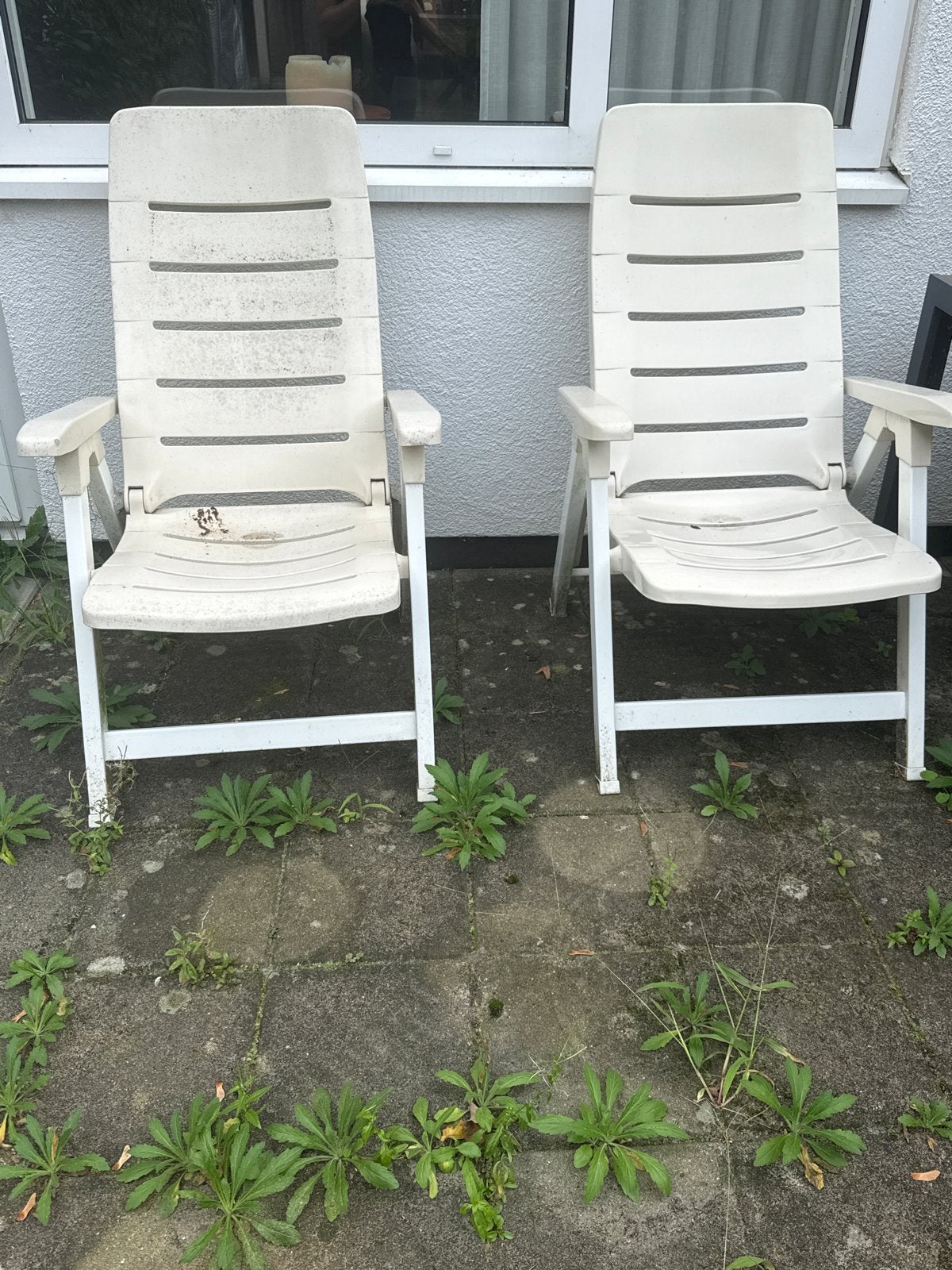4 Verstelbare Tuinstoelen wit- Kunststof, Ophalen, Gebruikt, Kunststof, Inklapbaar