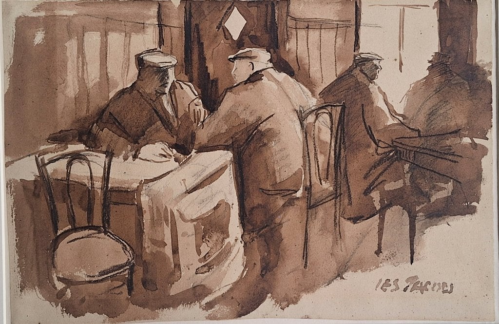 Tekening van caféscène Purmerend Ies Jacobs Joods, Antiek en Kunst, Ophalen, Tekening, Gemengde techniek, Origineel