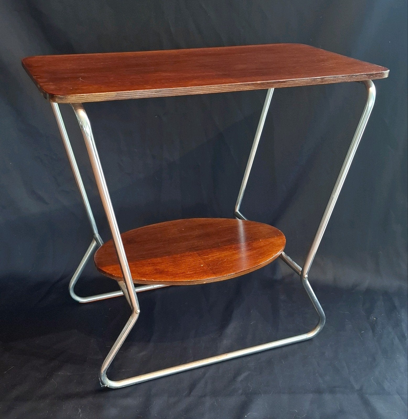 Vintage Bauhaus Stijl Buisframe Radiotafeltje, Ophalen, Gebruikt, Rechthoekig, Teakhout