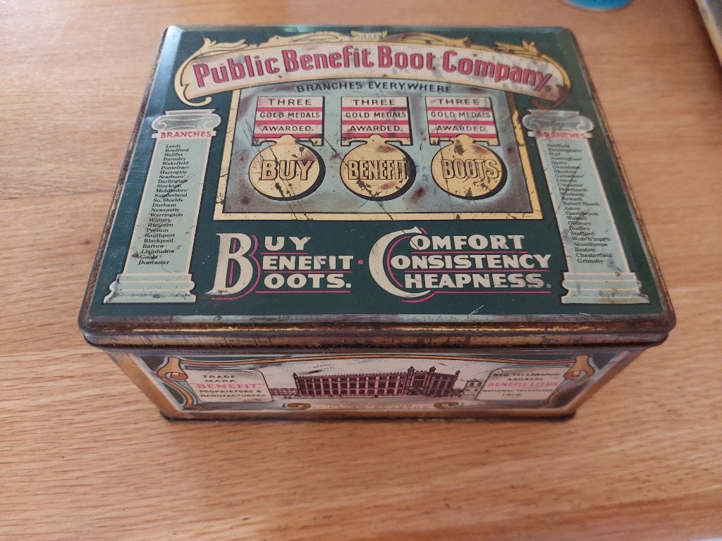 oud blik Public Benefit Boot Company, Verzamelen, Blikken, Ophalen of Verzenden, Gebruikt, Overige