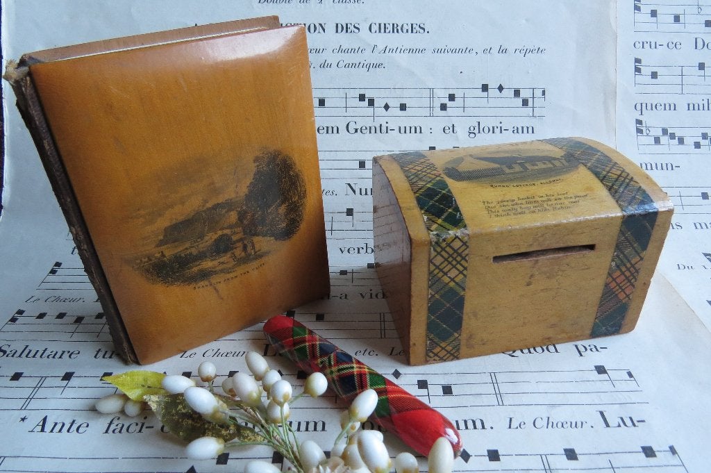 Antiek Mauchline transfer ware en tartan ware, 3 stuks c1855, Ophalen of Verzenden