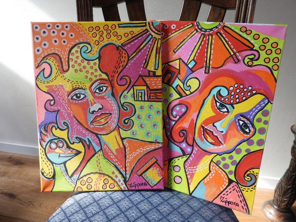 Twee schilderijen - Gesigneerd - Zippora Meijer, Ophalen, Gesigneerd, Acrylverf, Figuren