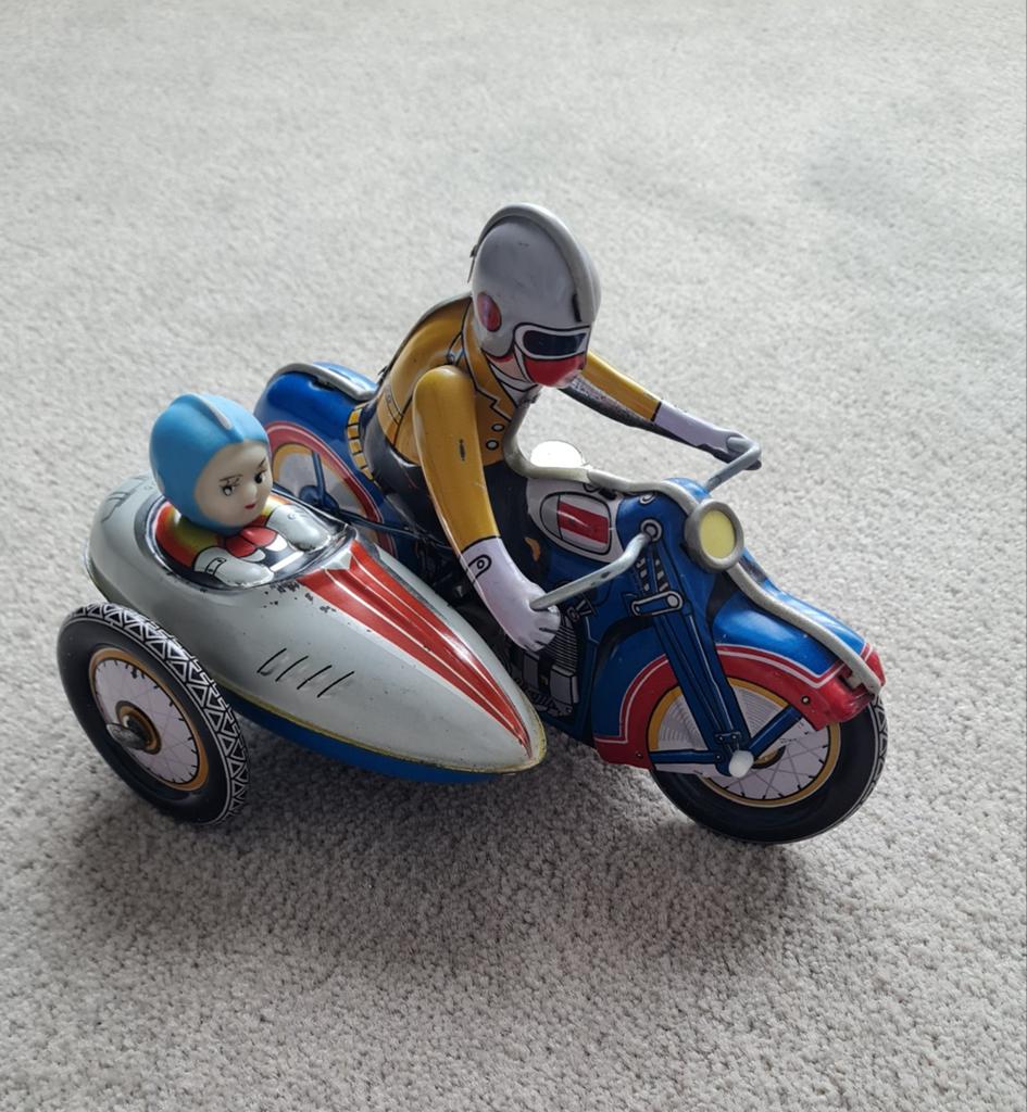Vintage blikken motor met zijspan - Opwindbaar speelgoed, Ophalen, Gebruikt