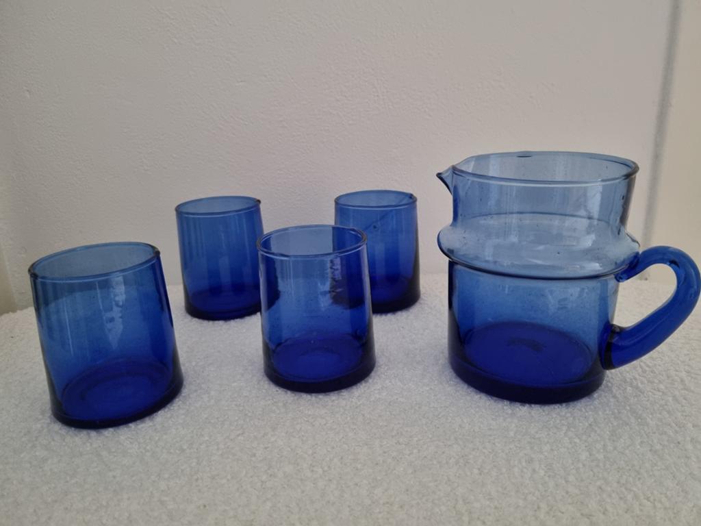 Nieuw!! Blauwe Marokkaanse/Beldi drinkglazen met kan., Ophalen of Verzenden, Nieuw, Glas, Overige stijlen