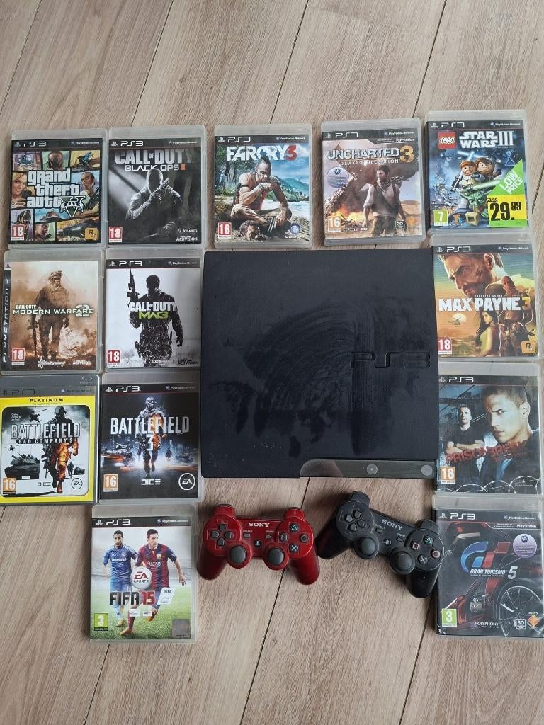 PS3 Slim compleet pakket met 13 games + 2 controllers, Spelcomputers en Games, Spelcomputers | Sony PlayStation 3, Gebruikt, Slim