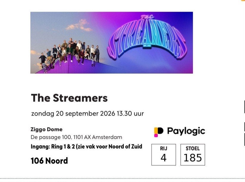 4 tickets 20 september 13:30 u The Streamers zitplaatsen rin, Tickets en Kaartjes, Drie personen of meer, September