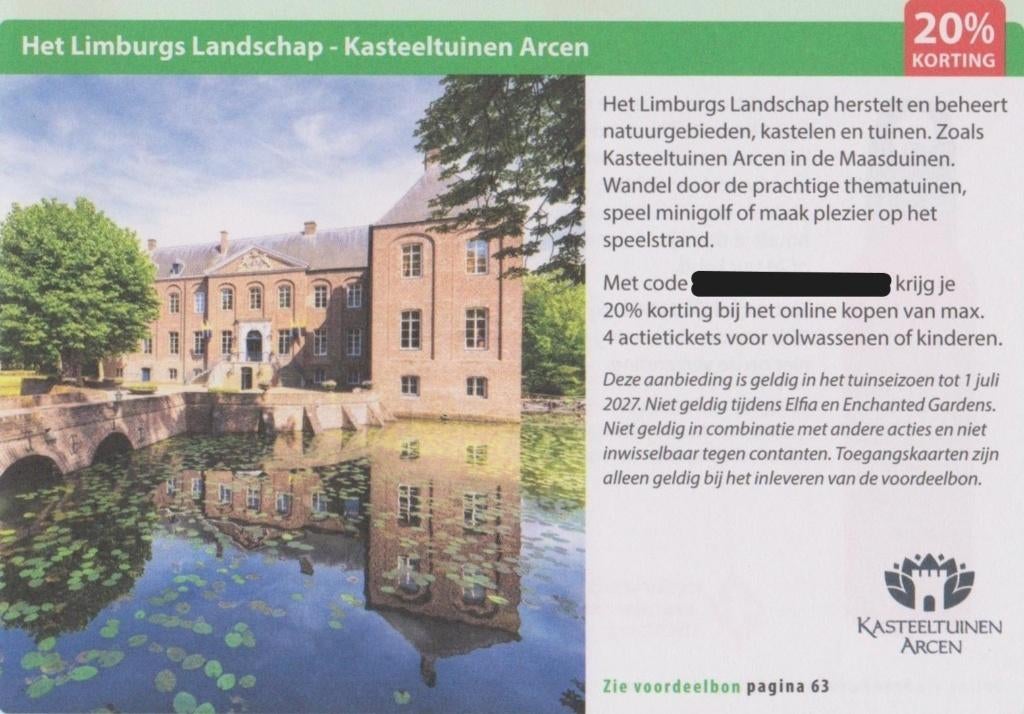 Het Limburgs Landschap - Kasteeltuinen Arcen. 20% korting., Drie personen of meer, Kortingskaart