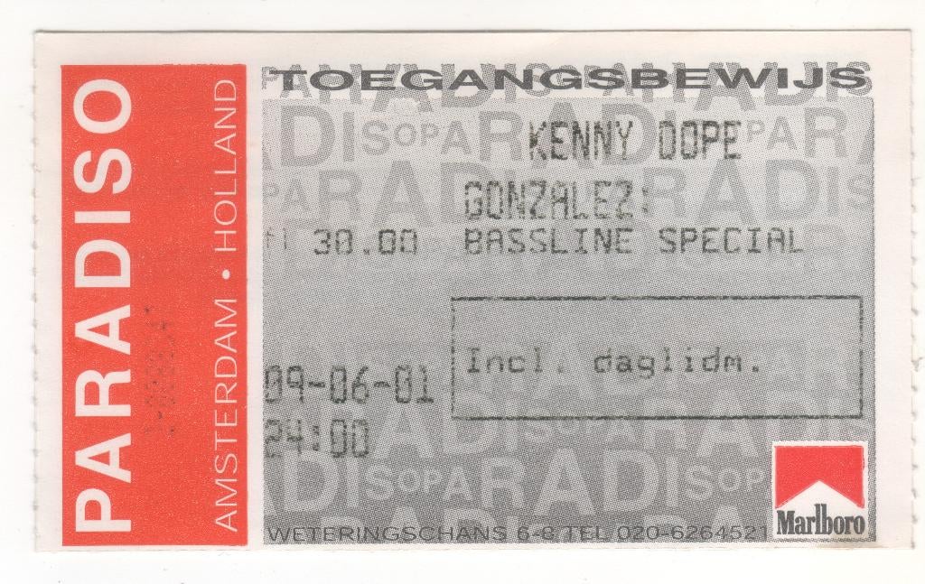 toegangskaartje Paradiso 9 juni 2001 (TK 33), Ophalen of Verzenden, Gebruikt