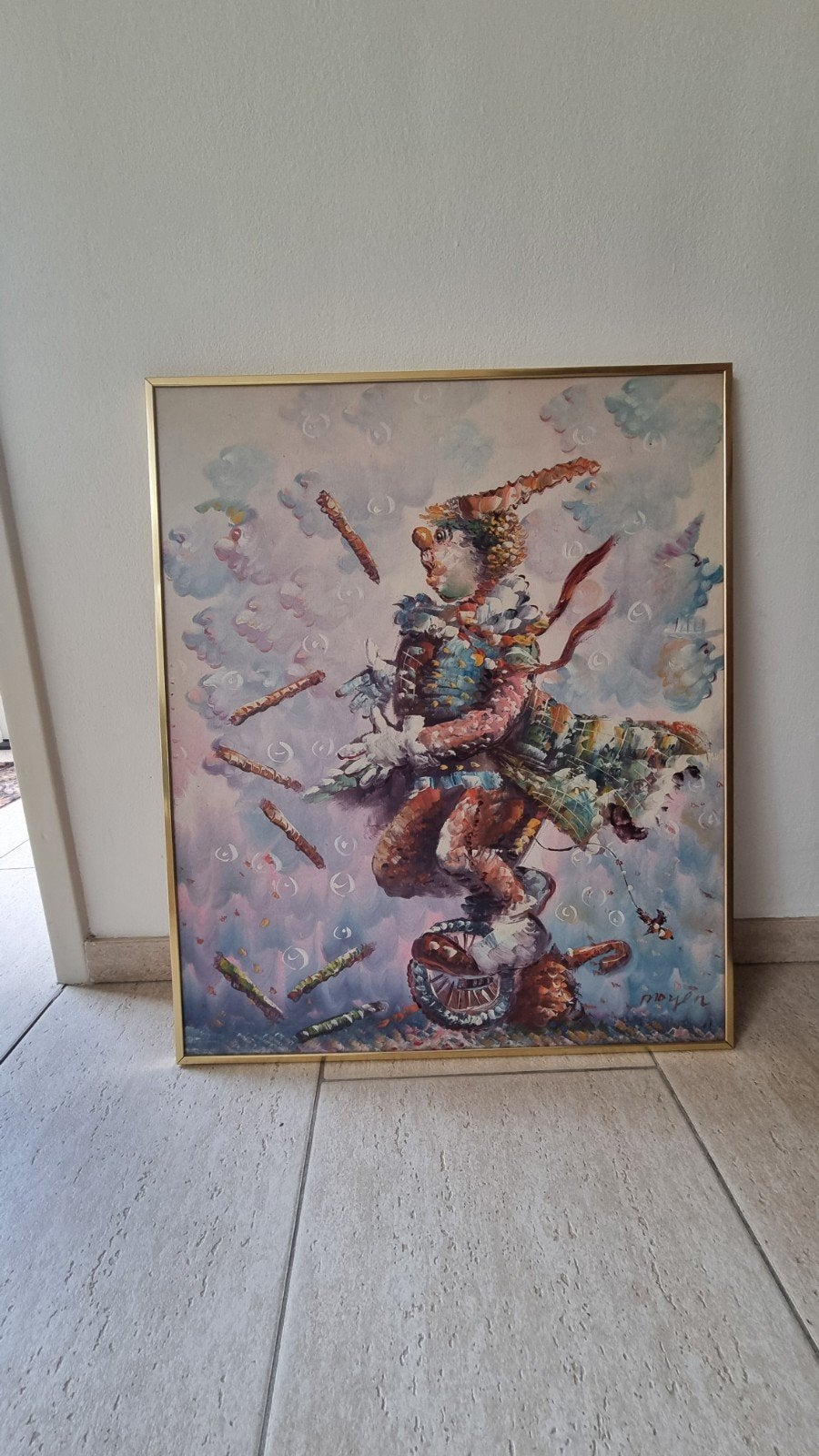 Schilderij van een clown op eenwieler, olieverf, Ophalen of Verzenden