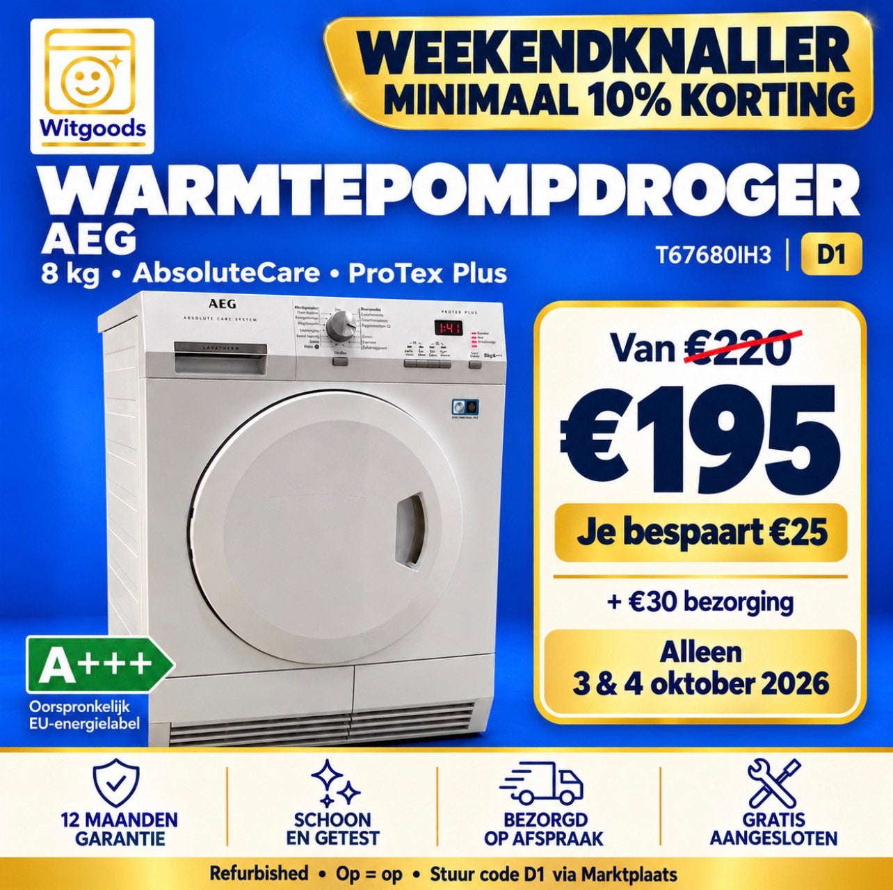 ✅ZUINIG ! AEG 8 kg Warmtepompdroger A+++ | 12 mnd GARANTIE, AEG, 2404CG, Anti-kreukfase, Consumersales.nl@electrolux.com