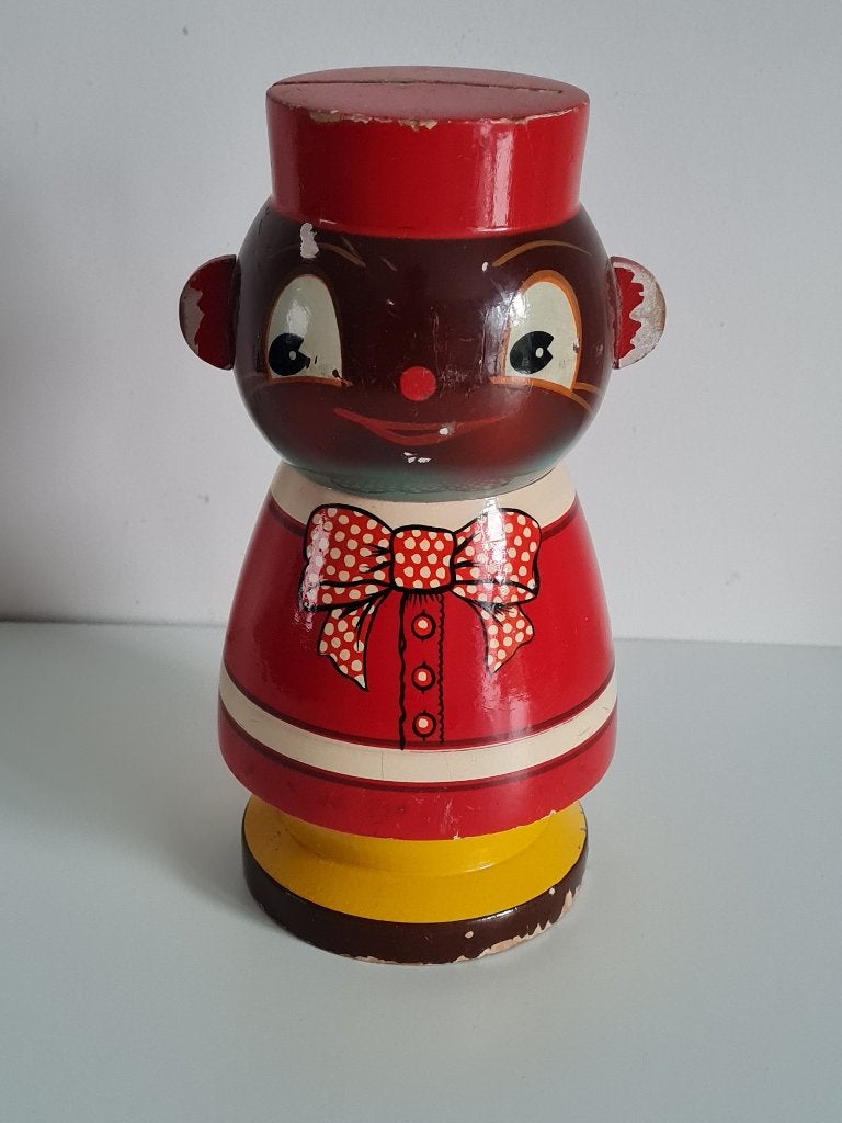 Vintage houten spaarpot PICCOLO art decostijl jaren '20, Verzamelen, Ophalen of Verzenden, Metaal of Blik, Overige thema's