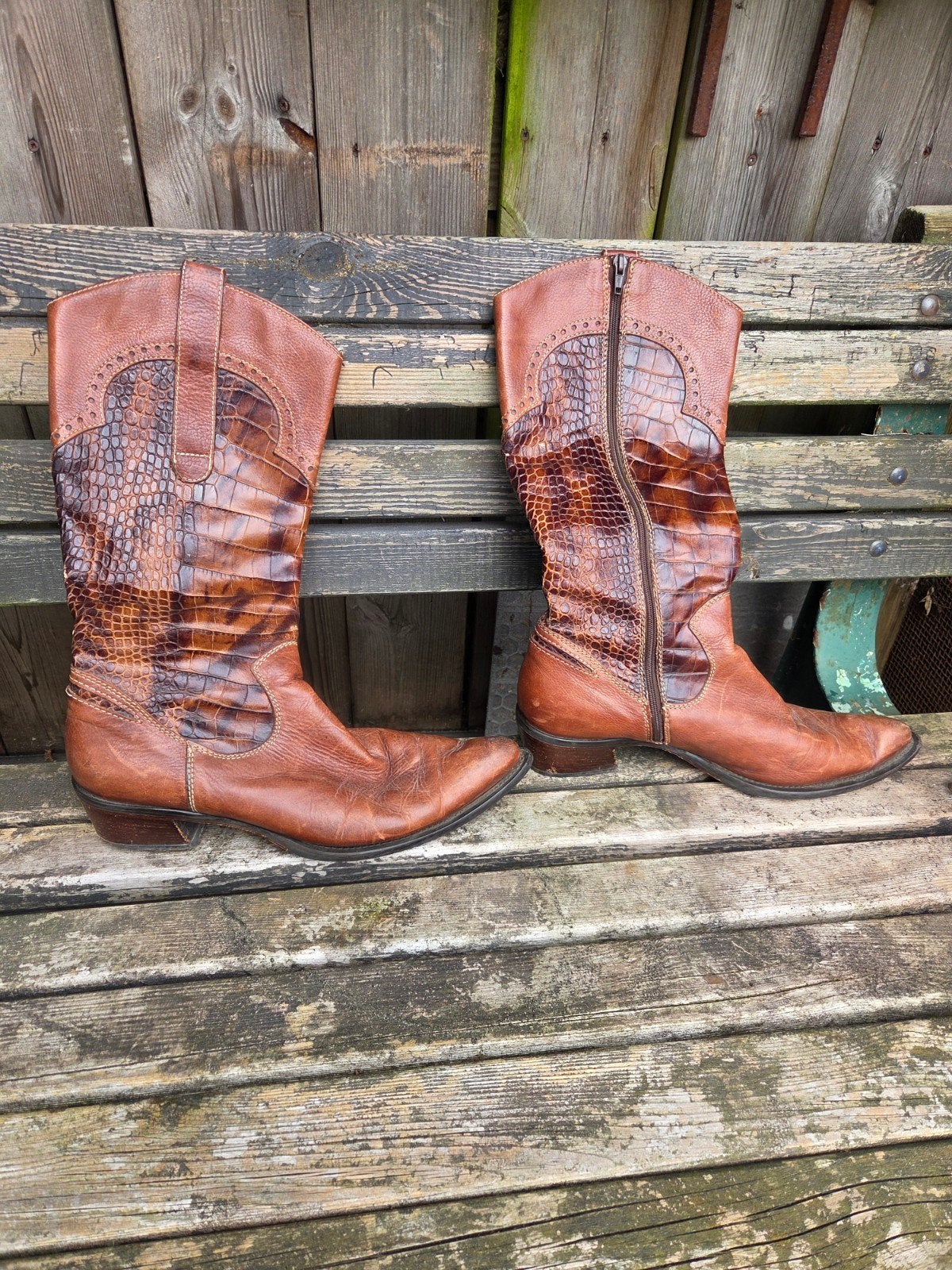 Vintage Bruine Leren Cowboylaarzen - Maat 41, Ophalen, Gedragen, Bruin, Hoge laarzen