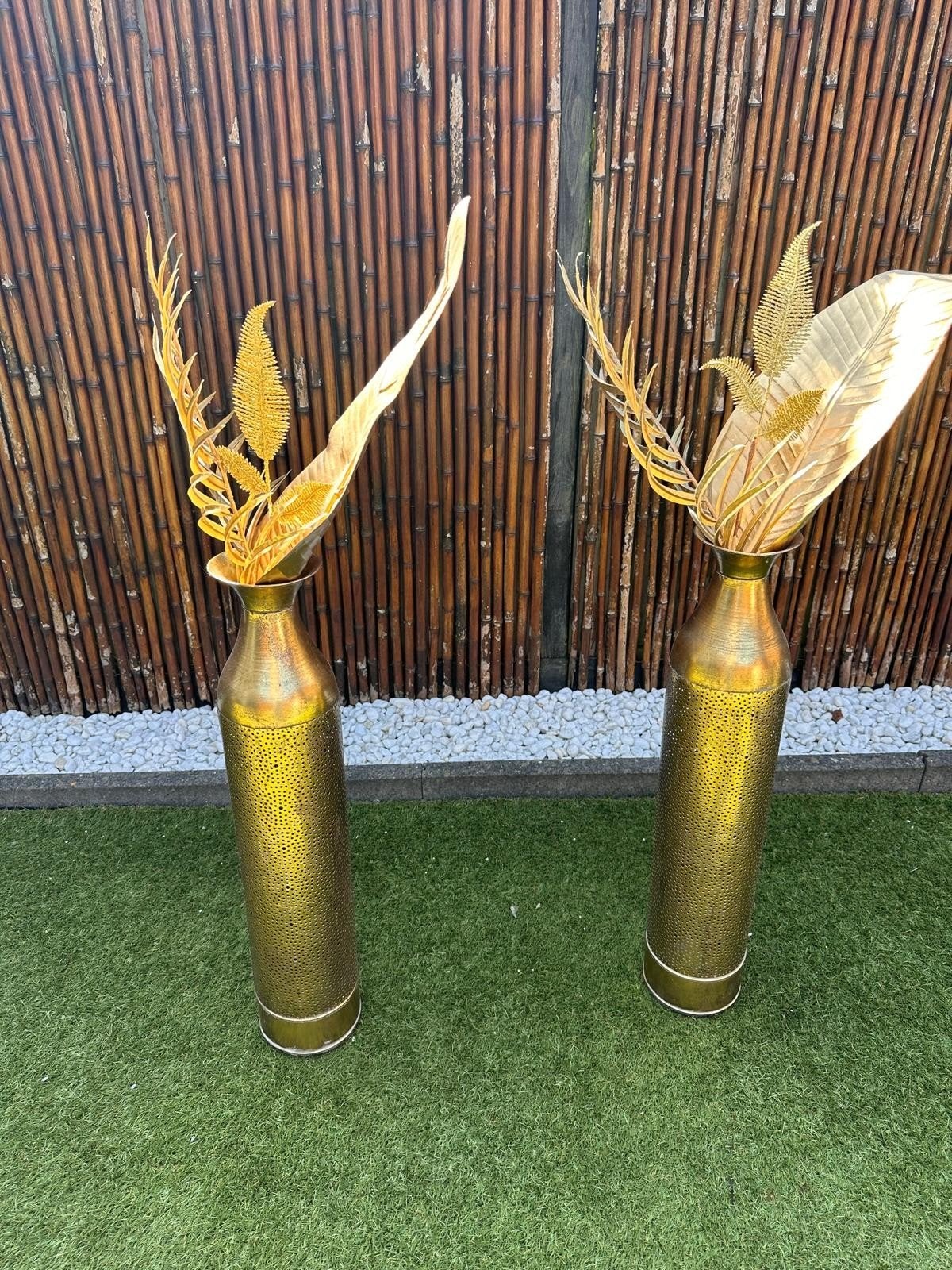 Gouden Vloervaas met Decoratie - Set van 2, Antiek en Kunst, Ophalen of Verzenden