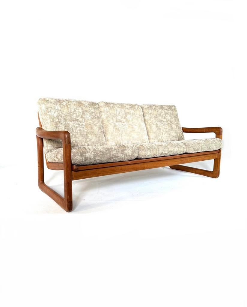 Vintage Deense 3-zits bank, Holstebro Møbelfabrik ‘70, Hout, Vintage retro buisframe design rotan webbing papercord deens, 150 tot 200 cm