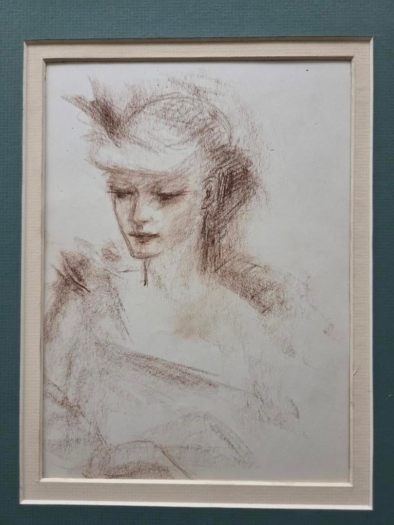 Portret dame. Krijt/potlood. In de sfeer van Sierk Schroder., Ophalen of Verzenden