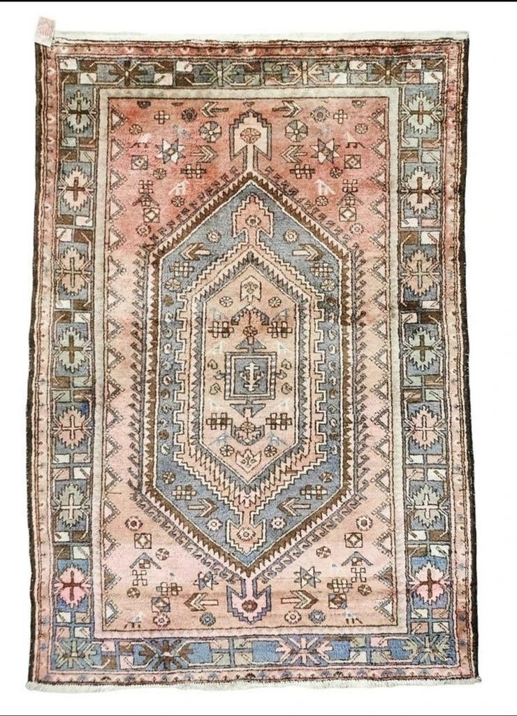 Handgeknoopt Persian wol Hamadan pink faded tapijt 145x210cm, Persian, Gebruikt, 100 tot 150 cm, Crème