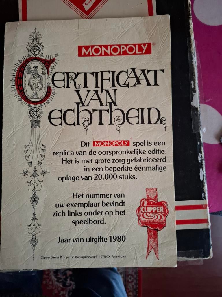 Monopoly Certificaat van Echtheid - 1980, Gebruikt, Clipper, Ophalen of Verzenden, Vijf spelers of meer