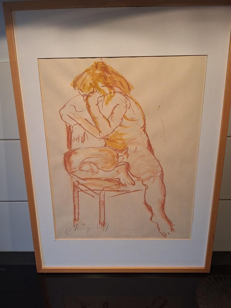 Tekening van een zittende vrouw naakt, Antiek en Kunst, Ophalen of Verzenden
