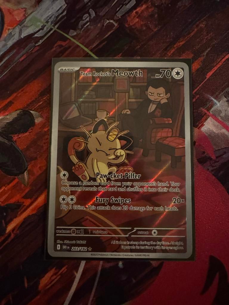 Team Rocket's Meowth 203/182 - Pokémonkaart, Ophalen of Verzenden, Zo goed als nieuw, Losse kaart, Foil