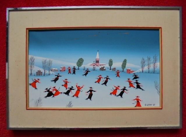 Giovanni Cariani.Italië.Schaatsen.Naïve kunst., Antiek en Kunst, Kunst | Schilderijen | Klassiek, Ophalen of Verzenden