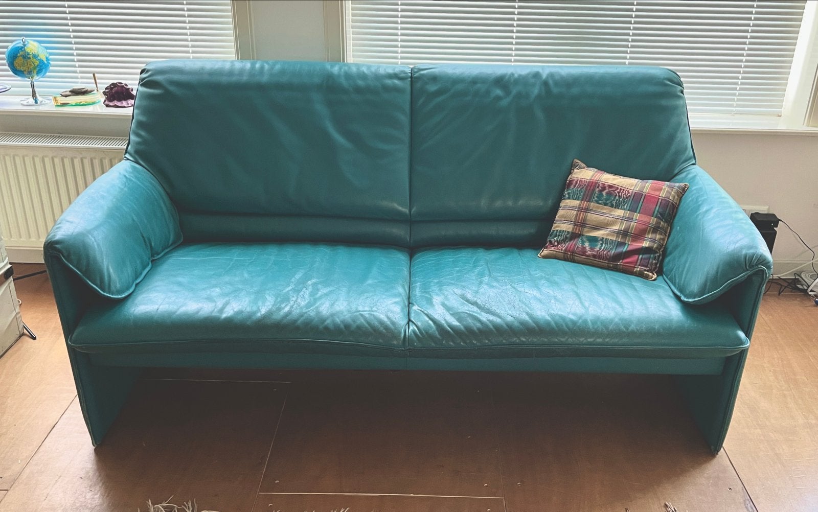 Leolux Bora Bora tweezitsbank - Turquoise leer, Ophalen, Gebruikt, 150 tot 200 cm, Tweepersoons