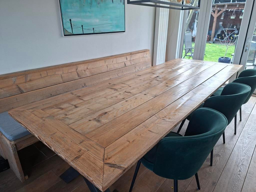 Steigerhouten eettafel met stalen X-poten, Ophalen, Gebruikt, 100 tot 150 cm, 200 cm of meer