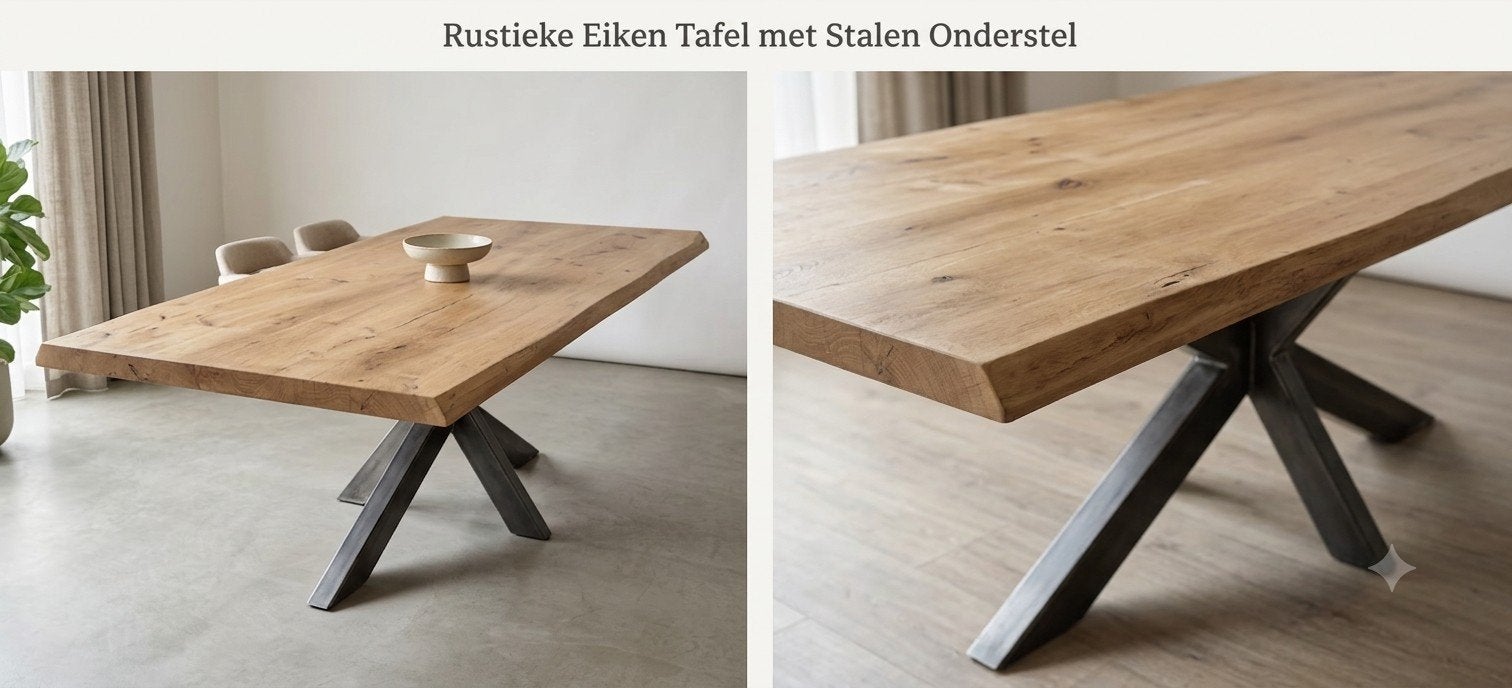 Massief Eiken Boomstamtafel 260cm met RVS Poot, Ophalen, Modern, Industrieel, Landelijk, Eikenhout, Rechthoekig